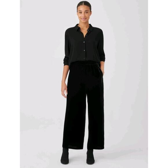 Eileen Fisher Velvet Pants Womens Plus Size XXL Black Wide Leg Silk New Whit Tag - Picture 1 of 16